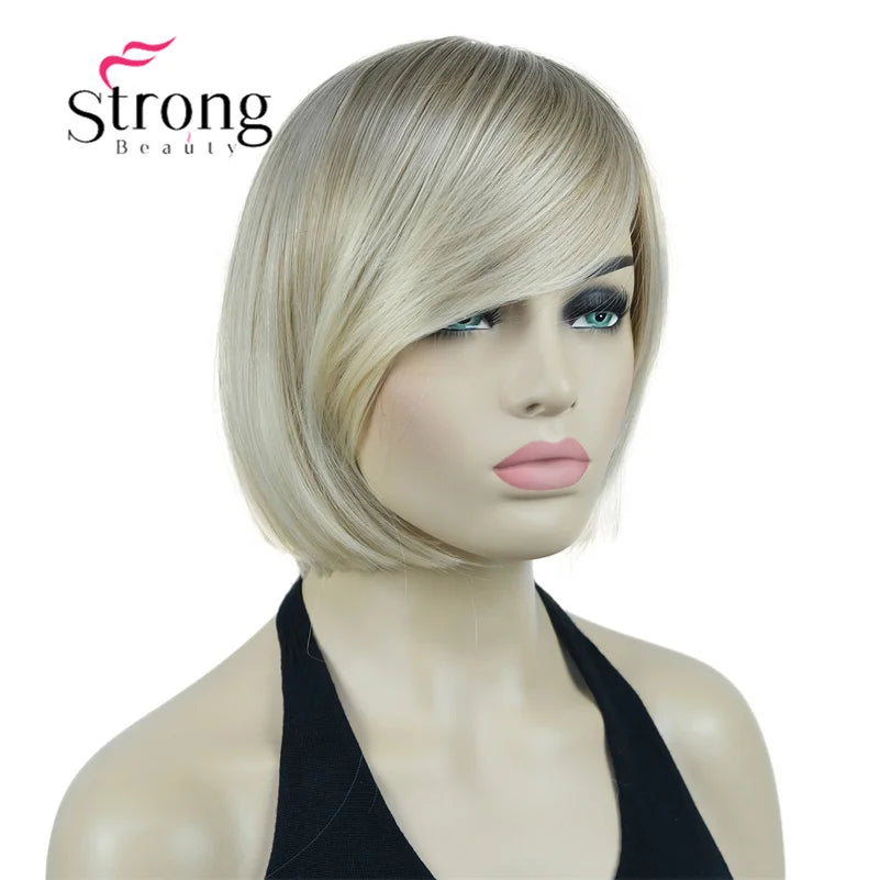 Crown & Glory Wigs Strong Beauty Women's Brown Short Straight Bob Wig with Side Bangs Synthetic Full Hair Wigs Heat Resistant