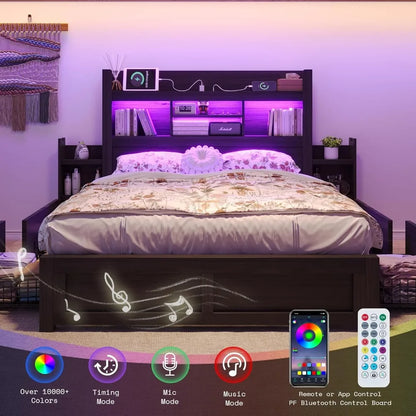 Living Room Queen Bed Frame with 49.6" Bookcase Headboard & 2 Bedside Stoage Racks & Drawers,Wood Bed Frame with RGB LED & Charging Station