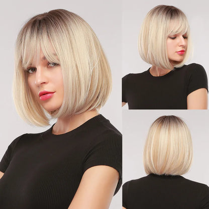 Crown & Glory Wigs  HENRY MARGU Brown Highlight Bob Wig Mixed Color Synthetic Hair for Women Natural Short Straight Wigs with Bangs High Temperature