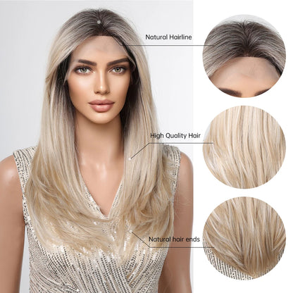 Crown & Glory Wigs   ALAN EATON Light Brown Straight Lace Front Wigs Middle Parting Ombre Blonde Lace Synthetic Wig Natural Hairline Heat Resistant