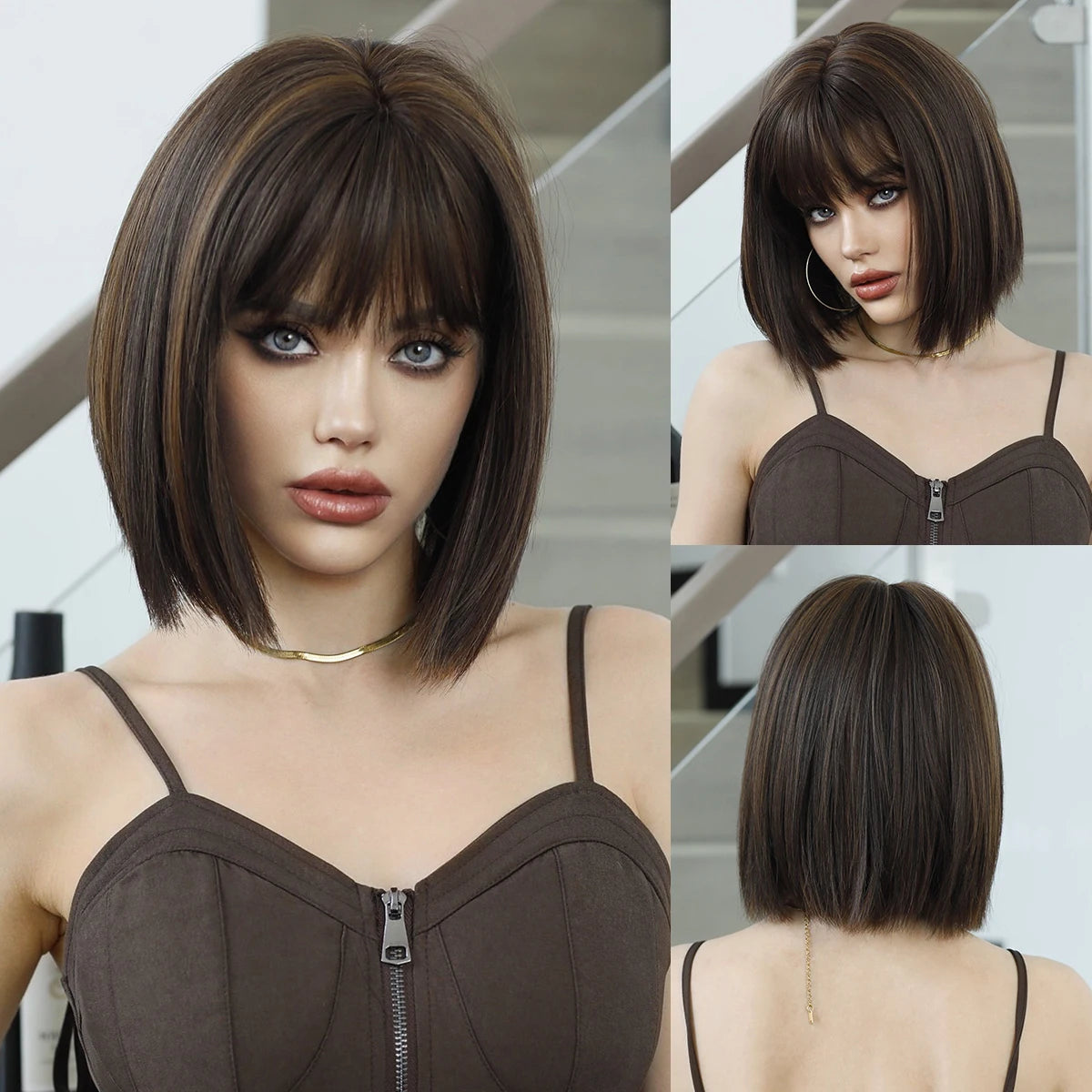 Crown & Glory Wigs NAMM Straight Light Brown Bob Wigs for Women Party Use With Neat Bangs Highlight Blonde High Density Synthetic Wig