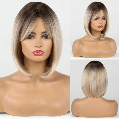 Crown & Glory Wigs  Bob Synthetic Wigs Ombre Brown to Blonde Straight Short Hair with Bangs for Women Daily Party Cosplay Use Heat Resistant Fibre