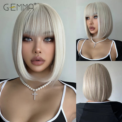 Crown & Glory Wigs   Short Straight Platinum Blonde Synthetic Wig with Bangs Cosplay Party Rice White Bob Hair Wigs for Women Heat Resistant Fibre