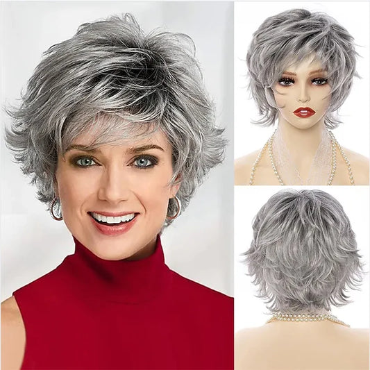 Crown & Glory Wigs HAIRJOY Women Synthetic Hair Heat Resistant Fiber  Short Curly Wigs Gray Fluffy Layered with Bangs