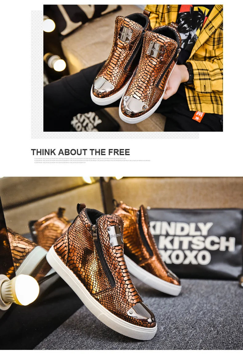 Men shoes  Hot Zipper High Top Sneakers Men Fashion Crocodile Leather Shoes For Men Luxury Golden Casual Sneakers Male Hip Hop Rock Shoes