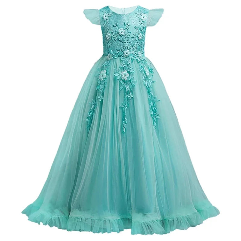 Girl clothing  4-15Yrs Lace Teenagers Kids Girls Wedding Long Dress Elegant Princess Party Pageant Formal Sleeveless  Dress