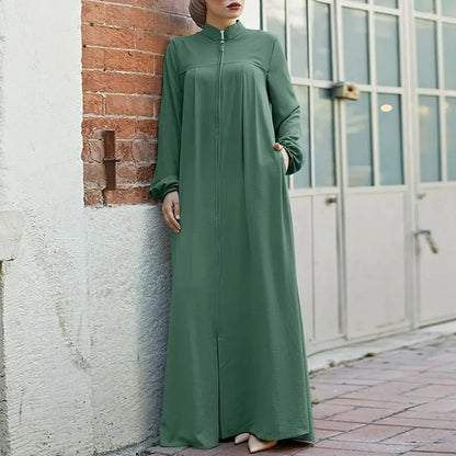 Muslim Family   Jalabiya Dress Women Long Sleeve Muslim Eid Casual Solid Color Abaya Caftan Kaftan Dresses Ramadan Abayas Vestido Zipper Robe