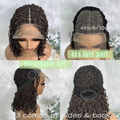 Crown & Glory Wigs Synthetic 4x4 Lace Front Braid Wig 14inch Curly Faux Locs Black Color Large Parting Space Twist Dreadlock Wigs for Black Women