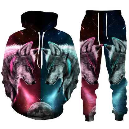 Men clothing  3D Print Hoodies Suit Man Dazzle Wolf Hip Hop Streetwear Hoodie And Pants 2pcs Sets