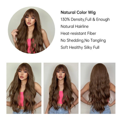 Crown & Glory Wigs  Long Wavy Chocolate Brown Synthetic Wigs for Women Natural Wave Curly Women Wigs With Bangs Daily Party Heat Resistant Fiber Wig