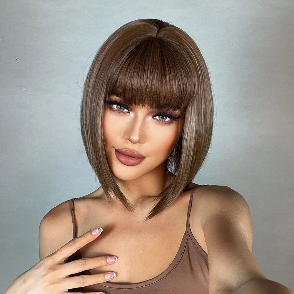 Crown & Glory Wigs  HENRY MARGU Brown Highlight Bob Wig Mixed Color Synthetic Hair for Women Natural Short Straight Wigs with Bangs High Temperature