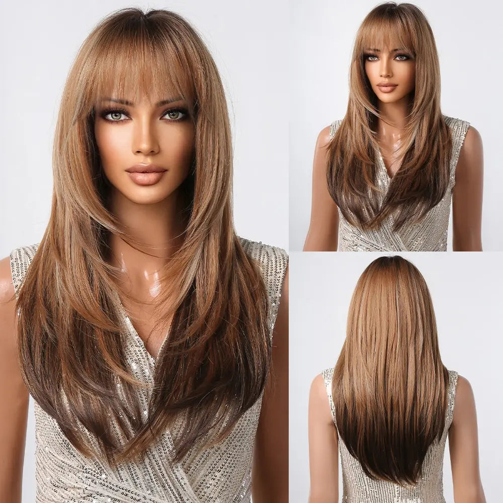 Crown & Glory Wigs  Brown to Light Ash Brown Blonde Wigs with Bangs Layered Synthetic Wigs for Women Long Natural Hair Cospay Party