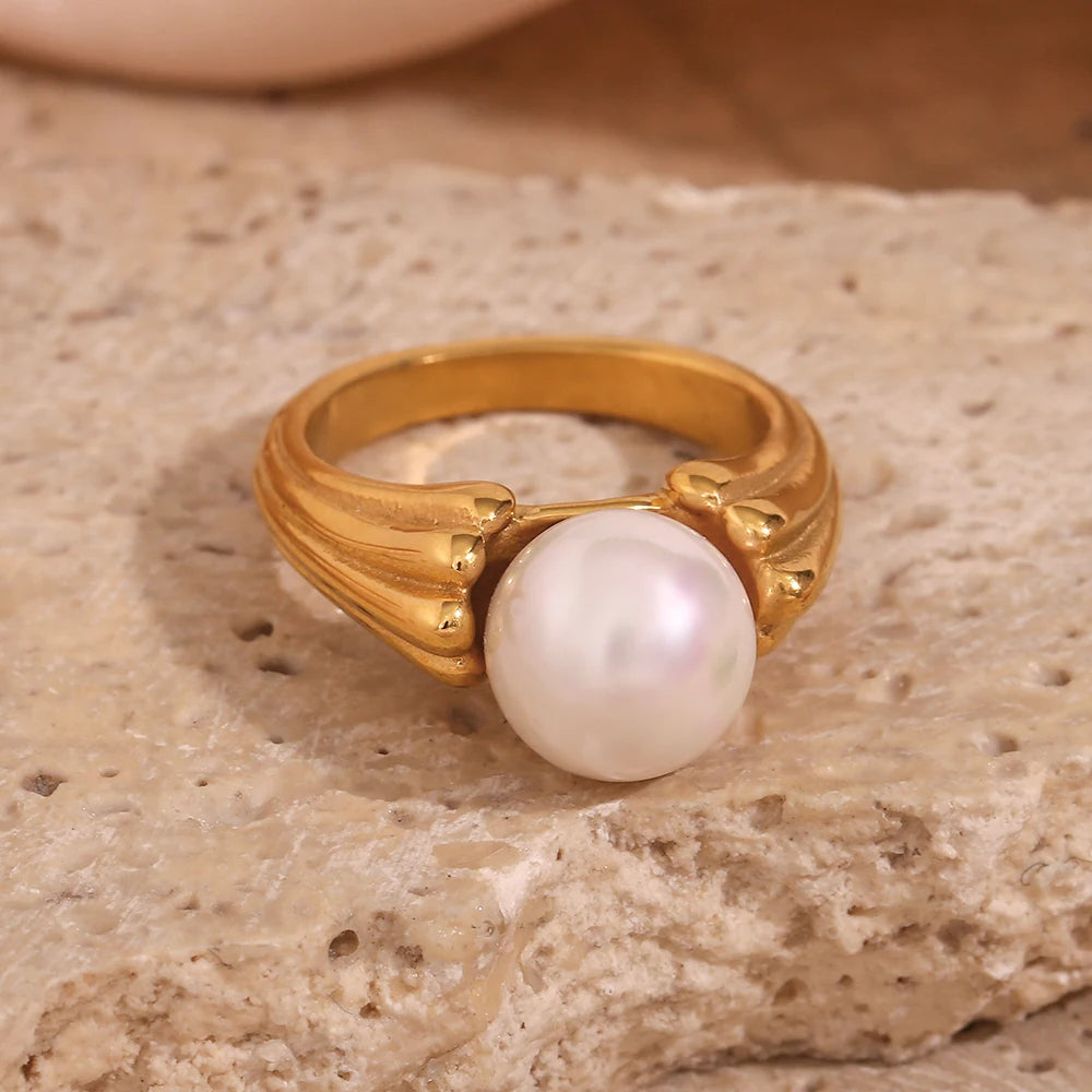 Jewellery  E.B.belle Casting Water Wave Texture Round Pearl Finger Rings For Woman Waterproof Steel Made Gold Color Index Ring