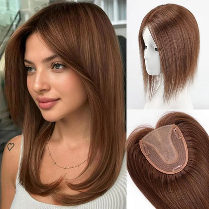 Crown & Glory Wigs  14 inch Straight Real Human Hair Topper No Bangs 5"*5.5" Base Brown Blonde Highlights Hair Toppers for Women with Thinning Hair