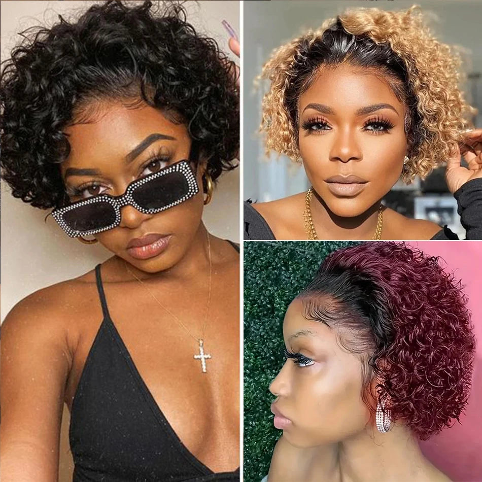 Crown & Glory Wigs  Pixie Cut Wigs Short Kinky Curly Lace Front Human Hair Wigs 13x2 Transparent Lace Frontal Wigs 1B/99 Ombre Water Wave Bob Wig