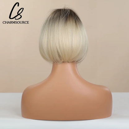 Crown & Glory Wigs  Bob Synthetic Wigs Ombre Brown to Blonde Straight Short Hair with Bangs for Women Daily Party Cosplay Use Heat Resistant Fibre