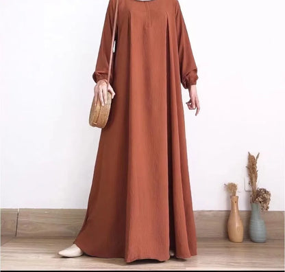 Muslim Family    Middle East Pleated Dress for Women, Muslim Fashion, Dubai, Arab Style, Elegant, Solid Round Neck, Long Sleeve, Abaya