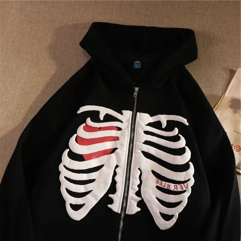 woman clothing   Fashion Y2K Skeleton Hoodies Women Gothic Black Zip Up Oversized Sweatshirt Ladies Retro Harajuku Hooded Jacket Streetwear