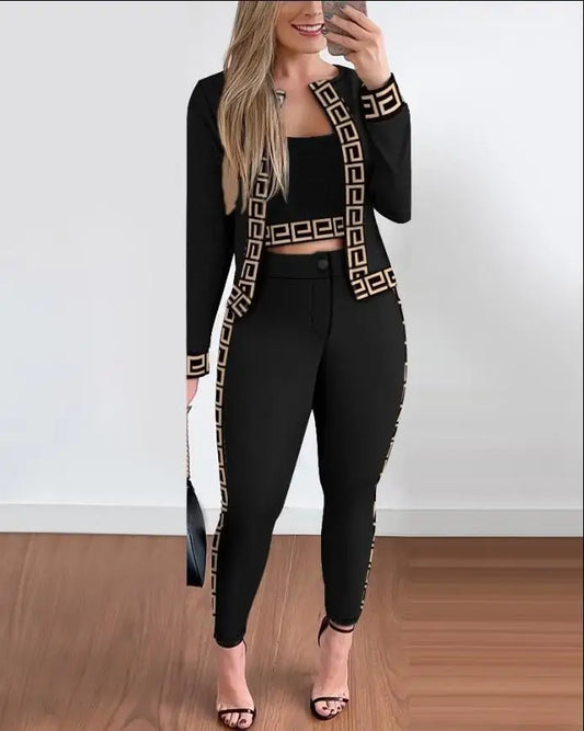 Woman clothing   3 Piece Set Plaid Print Crop Top & Pants Set With Coat Fashion Casual Elegant Female Set