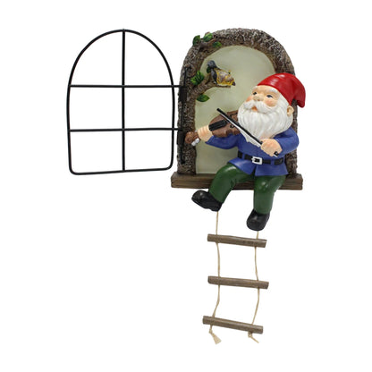 Outdoor 1 resin handicraft hanging from a dwarf playing piano tree, iron window, hanging tree, decorating courtyard tree trunks, hanging