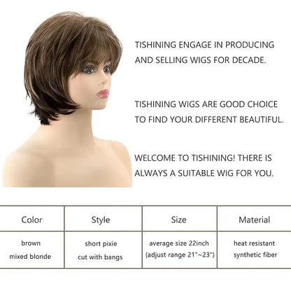 Crown & Glory Wigs Short Brown Pixie Cut Wigs with Bangs Straight Synthetic Hair Wig Ombre Blonde Wig Headband Cosplay Wig