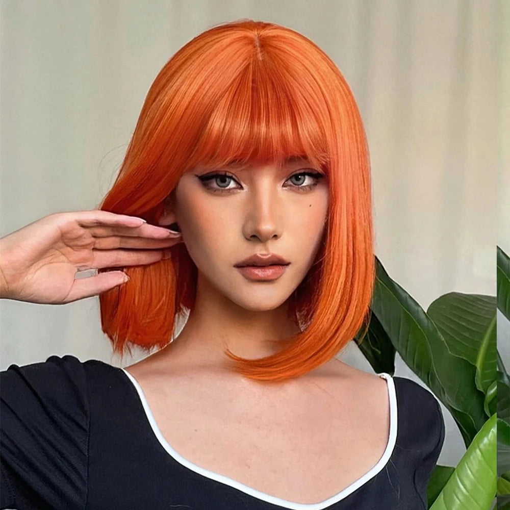 Crown & Glory Wigs Orange Short Bob Straight Synthetic Wigs with Bangs for White Women Afro Cosplay Christmas Hair Natural Daily Heat Resistant Wig