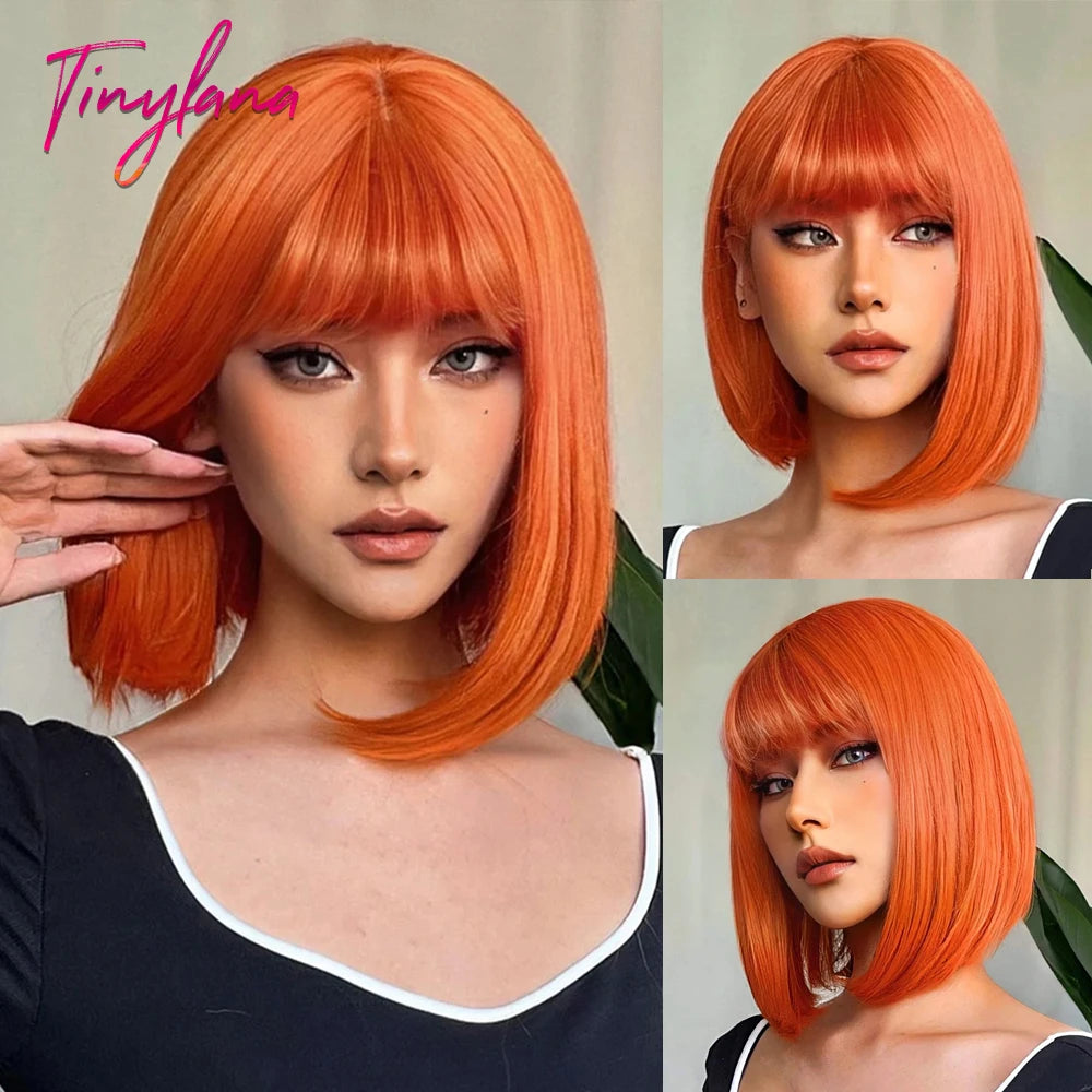 Crown & Glory Wigs Orange Short Bob Straight Synthetic Wigs with Bangs for White Women Afro Cosplay Christmas Hair Natural Daily Heat Resistant Wig