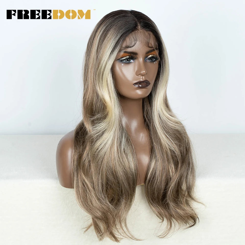 Crown & Glory Wigs  FREEDOM Synthetic Lace Front Wigs For Women Straight Lace Wig With Baby Hair 24 inches Ombre Brown Highlight Wigs Cosplay Wig