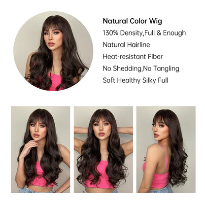 Crown & Glory Wigs EASIHAIR Dark Brown Long Wavy Synthetic Wig with Bangs Natural Wave Cosplay Daily Use Hair Wigs for Women Afro Heat Resistant