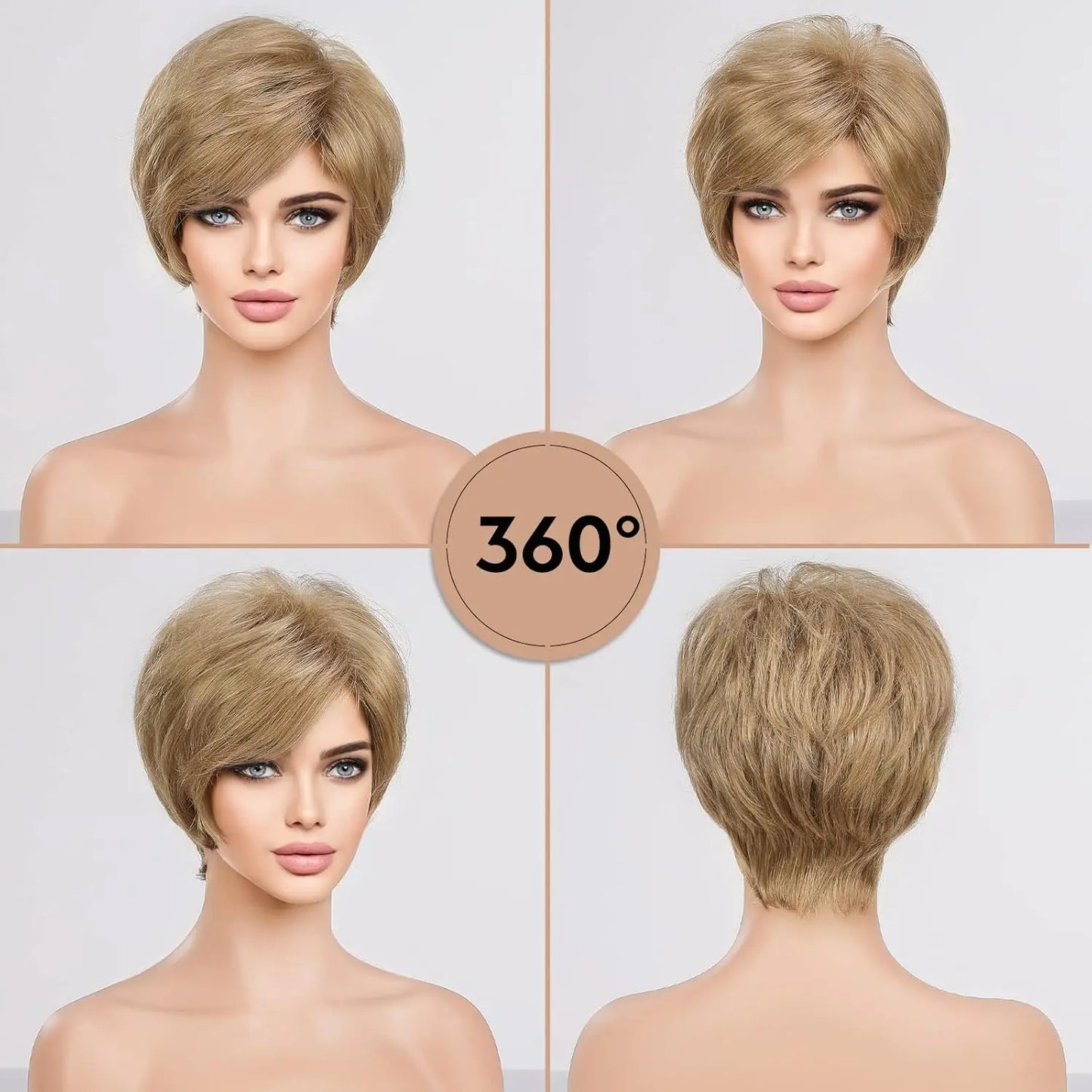 Crown & Glory Wigs Pixie Cut Short Bob Wigs with Bang Brown Blonde Layered Straight Kanekalon Synthetic Wig Human-hair Like Texture Natural Daily