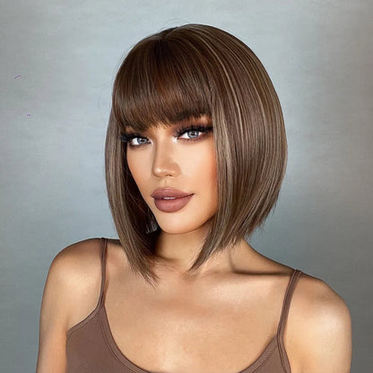 Crown & Glory Wigs  HENRY MARGU Brown Highlight Bob Wig Mixed Color Synthetic Hair for Women Natural Short Straight Wigs with Bangs High Temperature