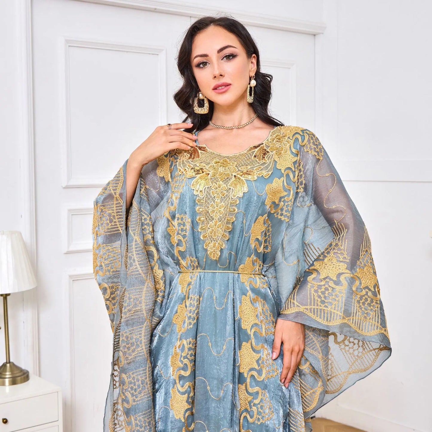 Muslim family   Middle Caftan Moroccan Eid Muslim Robe Embroidered Party Dresses Dinner Two Piece Dress Sets Vestido Jalabiya Abaya Ramadan