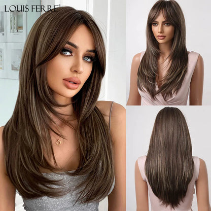 Crown & Glory Wigs  Grey White To Brown Ombre Synthetic Wigs Long Straight Layered Hair Wig For Women High Temperature Wig For Cosplay Daily Party