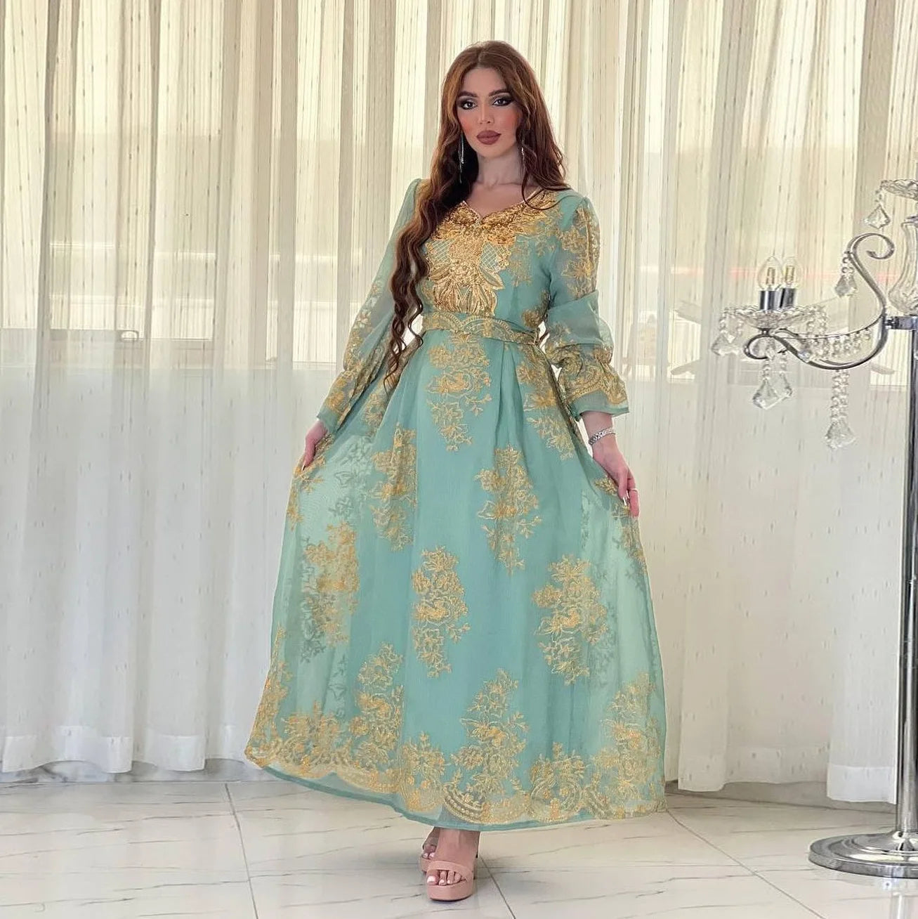 Muslim family   Eid Women Loose Dress Abaya Muslim Party Dresses Ramadan Embroidery Abayas Caftan Kaftan Mesh Vestidos Robe Dubai Arab Turkey