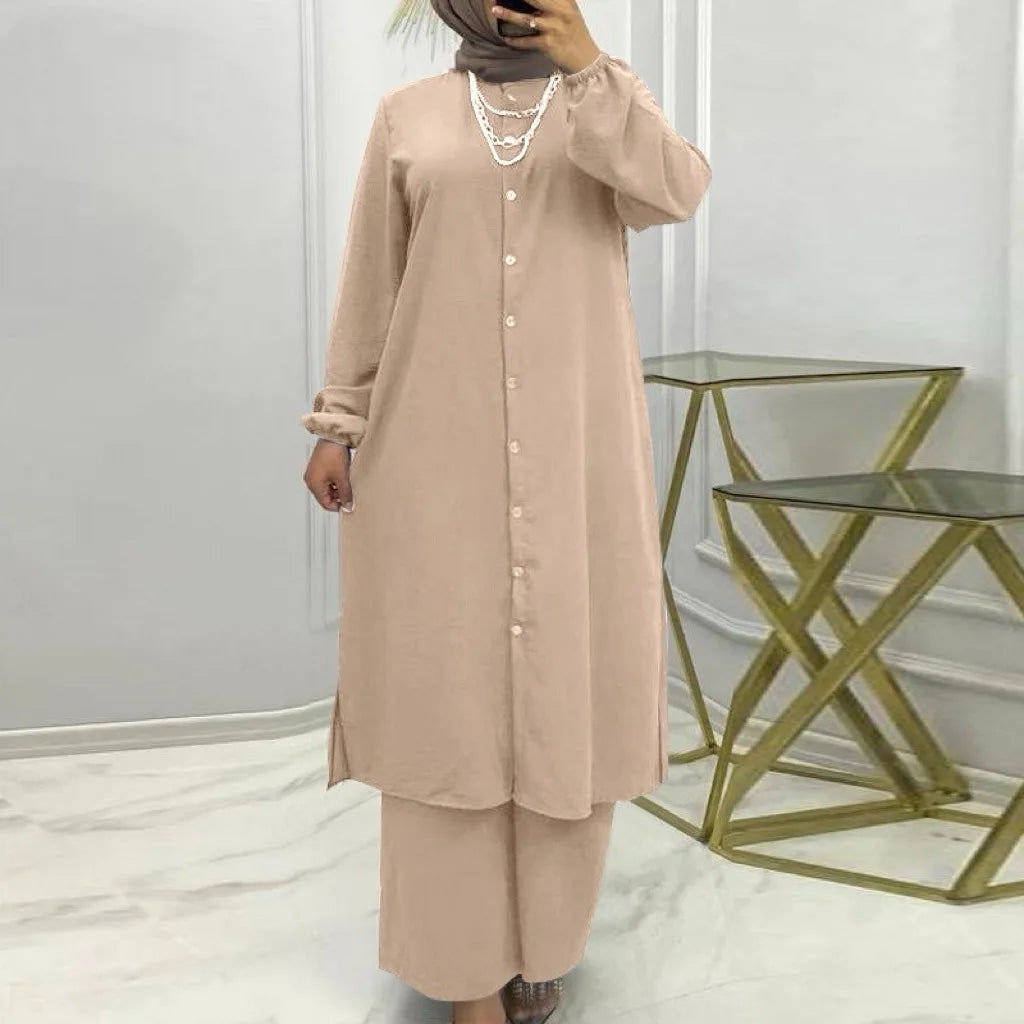 Muslim Family   Eid Muslim Set Women 2 Piece Shirt Blouses Wide Leg Pants Musulman Ensemble Dubai Casual Arab Ramadan Kaftan 2024 Outfit Suits