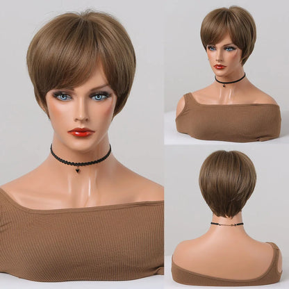 Crown & Glory Wigs  Bob Synthetic Wigs Ombre Brown to Blonde Straight Short Hair with Bangs for Women Daily Party Cosplay Use Heat Resistant Fibre