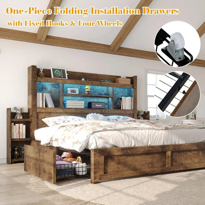 Living Room Queen Bed Frame with 49.6" Bookcase Headboard & 2 Bedside Stoage Racks & Drawers,Wood Bed Frame with RGB LED & Charging Station