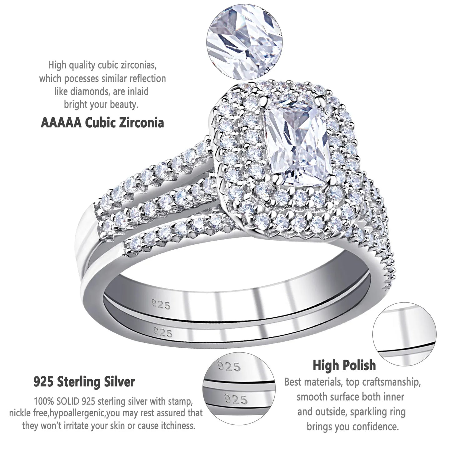 Jewellery  Solid 925 Silver Wedding Jewellry Double Halo Radiant Cut Engagement Bridal Rings for Women White AAAAA Cubic Zirconia