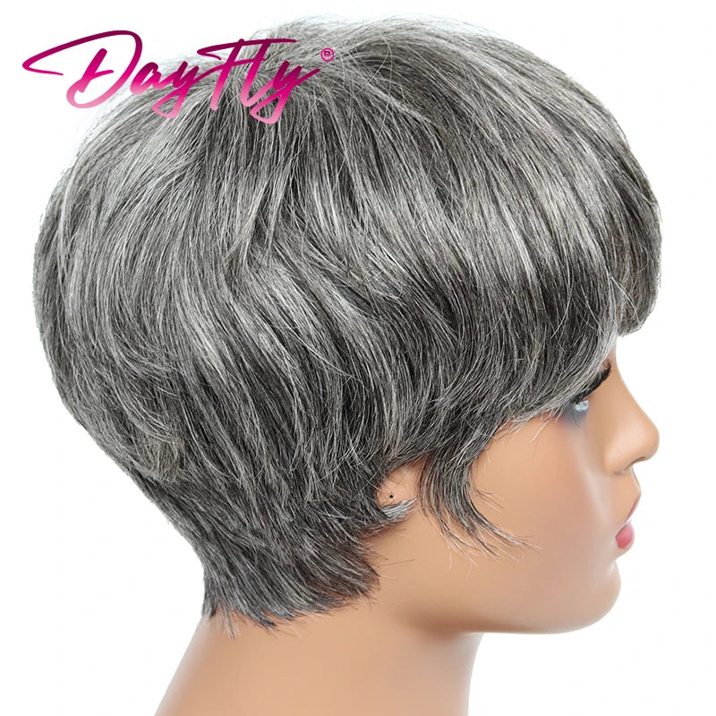 Crown & Glory Wigs Short Grey Wigs Highlight Pixie Cut Wig With Bangs Brazilian Hair Natural Wave Wigs Ombre P1B 30 44 34 Human Hair Wigs For Women