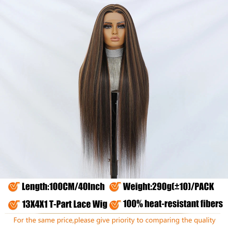 Crown & Glory Wigs  40 Inch Straight Lace Front Synthetic Wig T-Part 13x4x1 Long Lace Wigs Heat-resistant Fiber Copper Lace Frontal Wigs