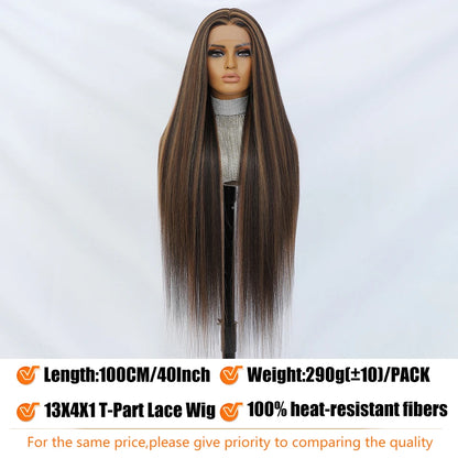 Crown & Glory Wigs  40 Inch Straight Lace Front Synthetic Wig T-Part 13x4x1 Long Lace Wigs Heat-resistant Fiber Copper Lace Frontal Wigs