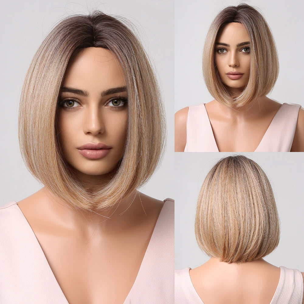 Crown & Glory Wigs HENRY MARGU Dark Root Ombre Brown Blonde Short Hair Wigs Fluffy Pixie Cut Synthetic Wig for Black White Women Heat Resistant