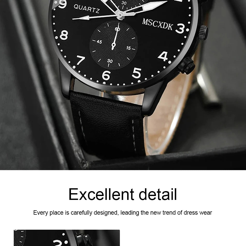 Jewellery  2pcs Black Round Quartz Watch With Leather Bracelet Men Business Watch Fashion Casual For Daily Sports