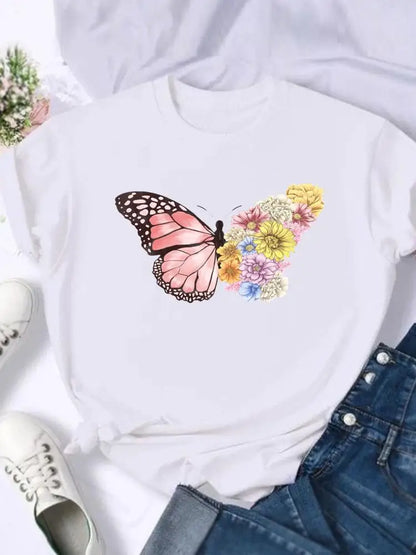 Woman clothingButterfly Letter Printed Short-sleeved T-shirt Tops  Graphic T Shirts  Harajuku