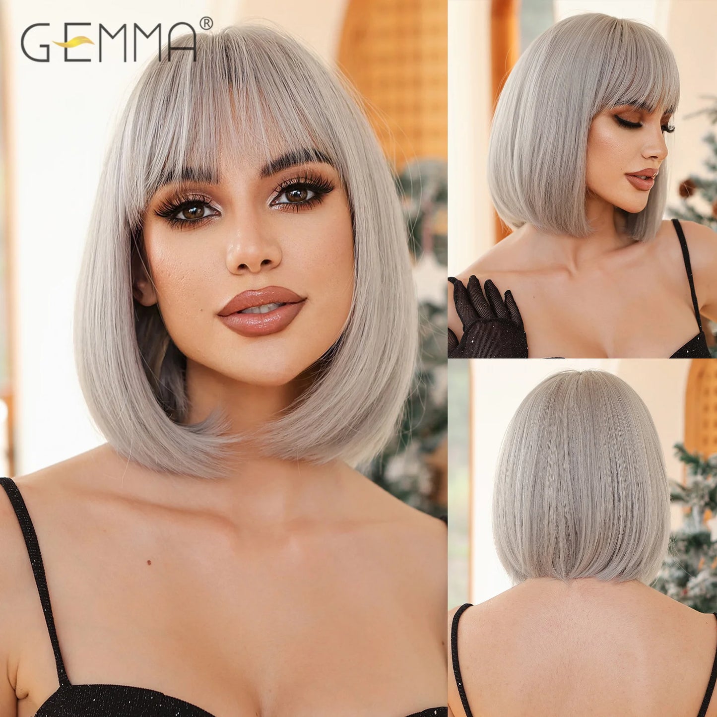 Crown & Glory Wigs   Short Straight Platinum Blonde Synthetic Wig with Bangs Cosplay Party Rice White Bob Hair Wigs for Women Heat Resistant Fibre