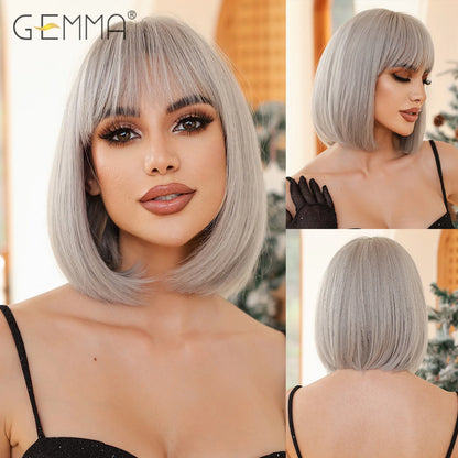 Crown & Glory Wigs   Short Straight Platinum Blonde Synthetic Wig with Bangs Cosplay Party Rice White Bob Hair Wigs for Women Heat Resistant Fibre