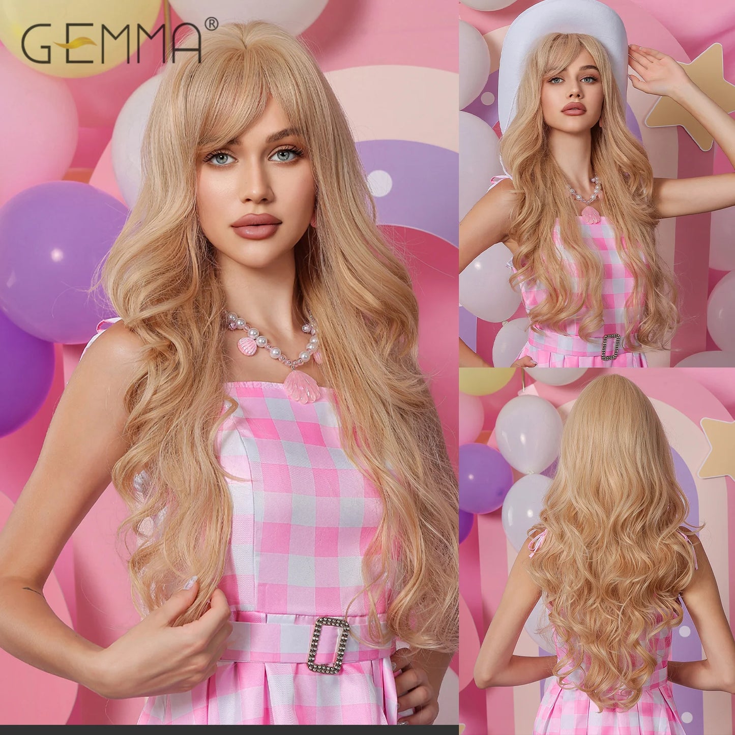 Crown & Glory Wigs  Long Light Blonde Wavy Wig with Bangs Synthetic Women Hair Wigs for Cosplay Daily Use Natural Fake Hair Heat Resistant Fibre