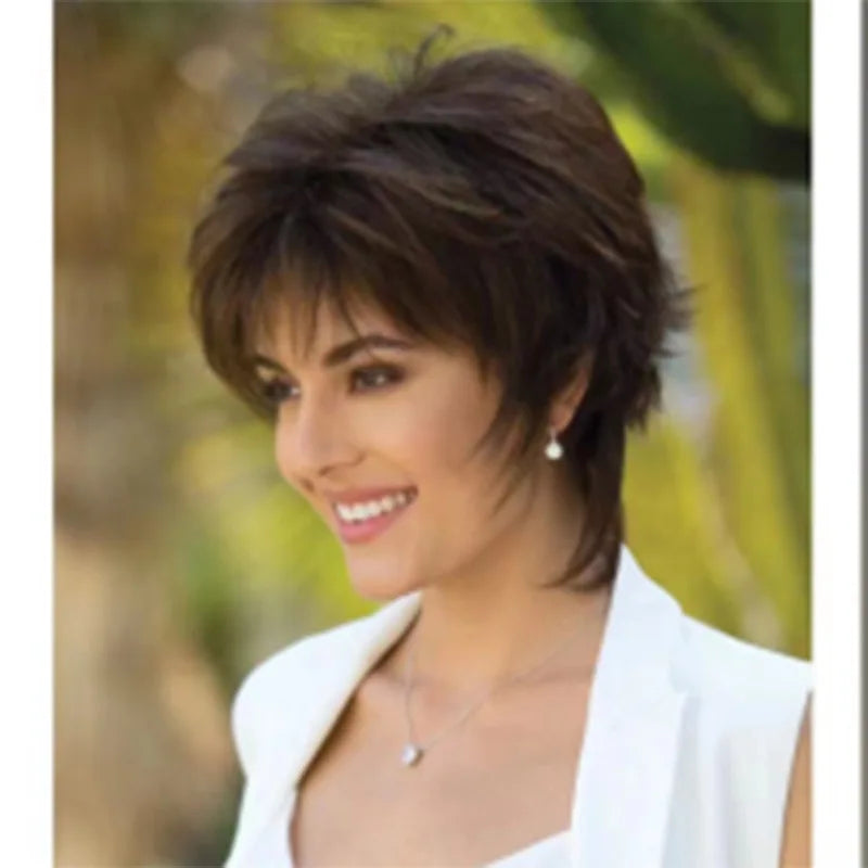 Crown & Glory Wigs Short Brown Pixie Cut Wigs with Bangs Straight Synthetic Hair Wig Ombre Blonde Wig Headband Cosplay Wig