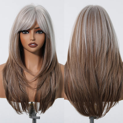 Crown & Glory Wigs  Grey White To Brown Ombre Synthetic Wigs Long Straight Layered Hair Wig For Women High Temperature Wig For Cosplay Daily Party