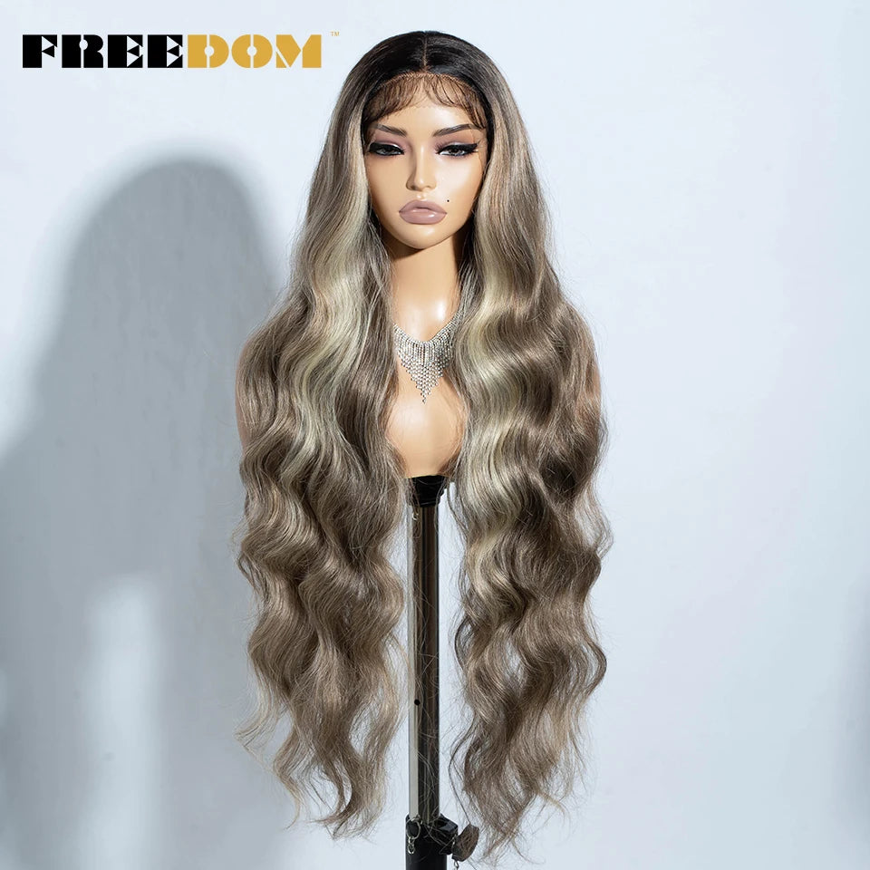 Crown & Glory Wigs   FREEDOM Synthetic Lace Front Wigs For Women 36" Long Body Wave Lace Wig Ombre Brown Blonde Highlight Cosplay Wigs Heat Resistant